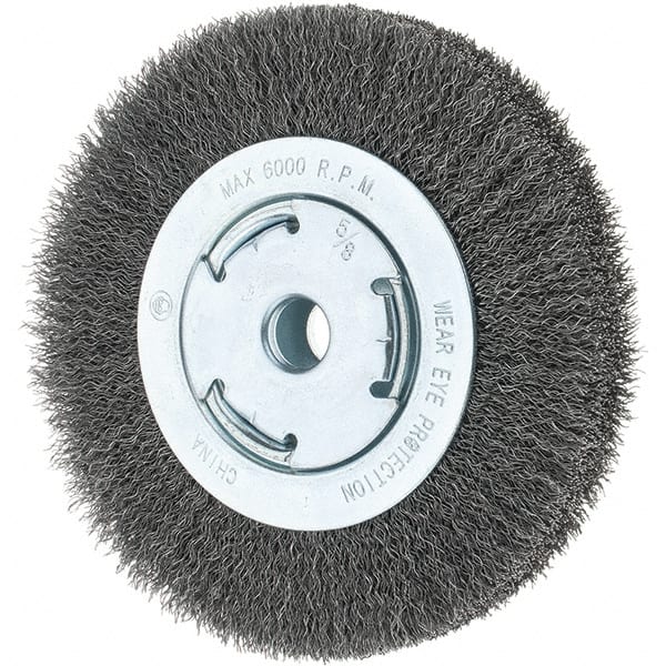 Tru-Maxx - 6" OD, 5/8-11 Arbor Hole, Crimped Steel Wheel Brush - 7/8" Face Width, 1-1/8" Trim Length, 0.014" Filament Diam, 6,000 RPM - Exact Tooling