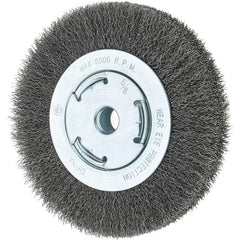 Tru-Maxx - 6" OD, 5/8-11 Arbor Hole, Crimped Steel Wheel Brush - 7/8" Face Width, 1-1/8" Trim Length, 0.014" Filament Diam, 6,000 RPM - Exact Tooling