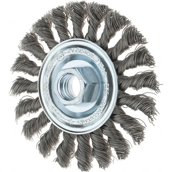 Tru-Maxx - 4" OD, 5/8-11 Arbor Hole, Knotted Steel Wheel Brush - 1/2" Face Width, 7/8" Trim Length, 0.014" Filament Diam, 20,000 RPM - Exact Tooling