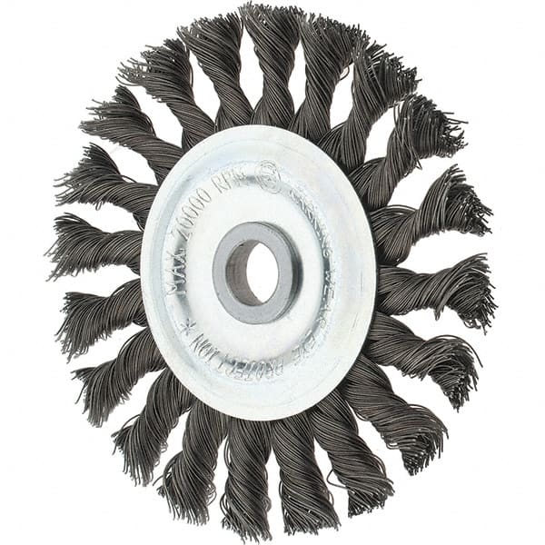 Tru-Maxx - 4" OD, 1/2" Arbor Hole, Knotted Steel Wheel Brush - 5/8" Face Width, 7/8" Trim Length, 0.014" Filament Diam, 20,000 RPM - Exact Tooling