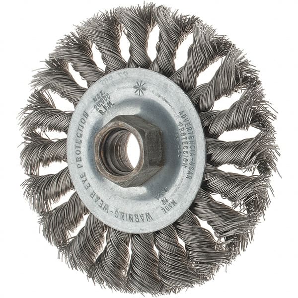 Tru-Maxx - 4" OD, 5/8-11 Arbor Hole, Knotted Stainless Steel Wheel Brush - 1/2" Face Width, 7/8" Trim Length, 0.014" Filament Diam, 20,000 RPM - Exact Tooling