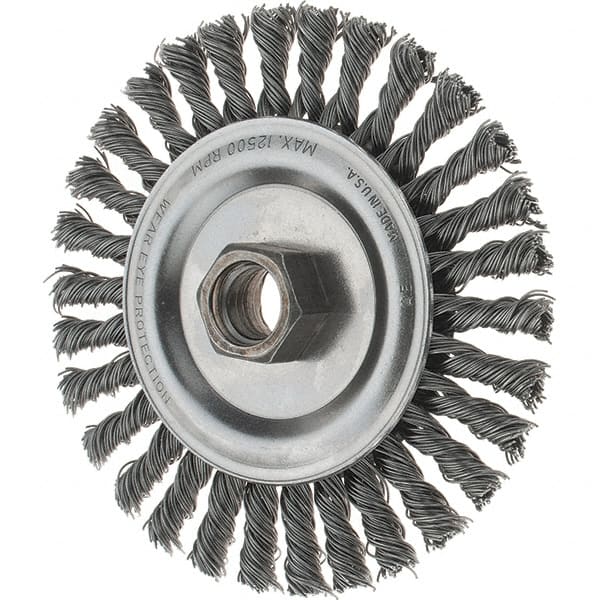Tru-Maxx - 4-1/2" OD, 5/8-11 Arbor Hole, Stringer Bead Steel Wheel Brush - 3/16" Face Width, 13/16" Trim Length, 0.02" Filament Diam, 12,500 RPM - Exact Tooling