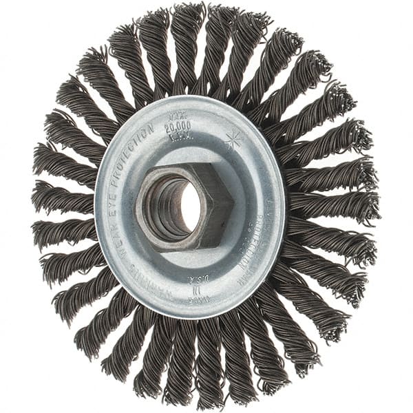 Tru-Maxx - 4" OD, 5/8-11 Arbor Hole, Stringer Bead Steel Wheel Brush - 1/4" Face Width, 7/8" Trim Length, 0.02" Filament Diam, 20,000 RPM - Exact Tooling