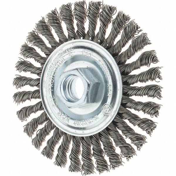 Tru-Maxx - 4" OD, 5/8-11 Arbor Hole, Stringer Bead Stainless Steel Wheel Brush - 1/4" Face Width, 7/8" Trim Length, 0.02" Filament Diam, 20,000 RPM - Exact Tooling