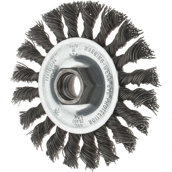 Tru-Maxx - 4" OD, 5/8-11 Arbor Hole, Knotted Steel Wheel Brush - 1/2" Face Width, 7/8" Trim Length, 0.02" Filament Diam, 20,000 RPM - Exact Tooling