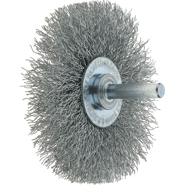 Tru-Maxx - 3" OD, 1/4" Shank Diam, Crimped Steel Wheel Brush - 1/2" Face Width, 13/16" Trim Length, 0.014" Filament Diam, 20,000 RPM - Exact Tooling