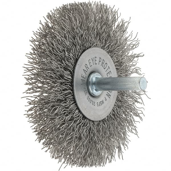 Tru-Maxx - 3" OD, 1/4" Shank Diam, Crimped Stainless Steel Wheel Brush - 1/2" Face Width, 13/16" Trim Length, 0.014" Filament Diam, 20,000 RPM - Exact Tooling