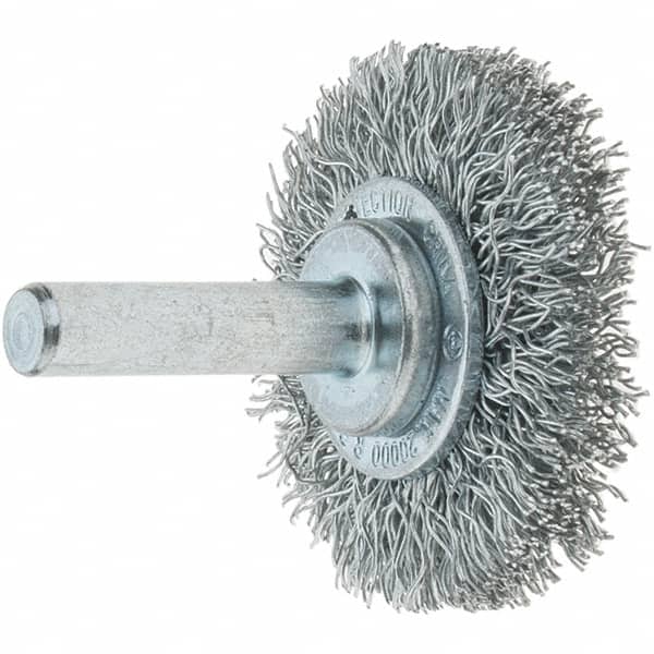 Tru-Maxx - 1-1/2" OD, 1/4" Shank Diam, Crimped Steel Wheel Brush - 1/4" Face Width, 3/8" Trim Length, 0.0118" Filament Diam, 20,000 RPM - Exact Tooling
