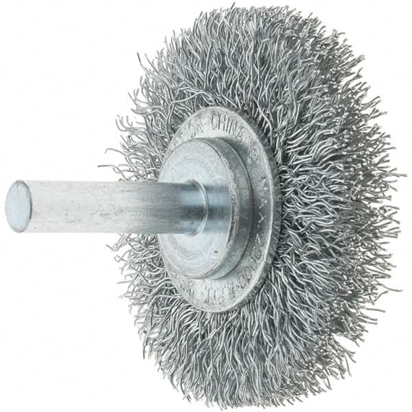 Tru-Maxx - 2" OD, 1/4" Shank Diam, Crimped Steel Wheel Brush - 3/8" Face Width, 7/16" Trim Length, 0.014" Filament Diam, 20,000 RPM - Exact Tooling