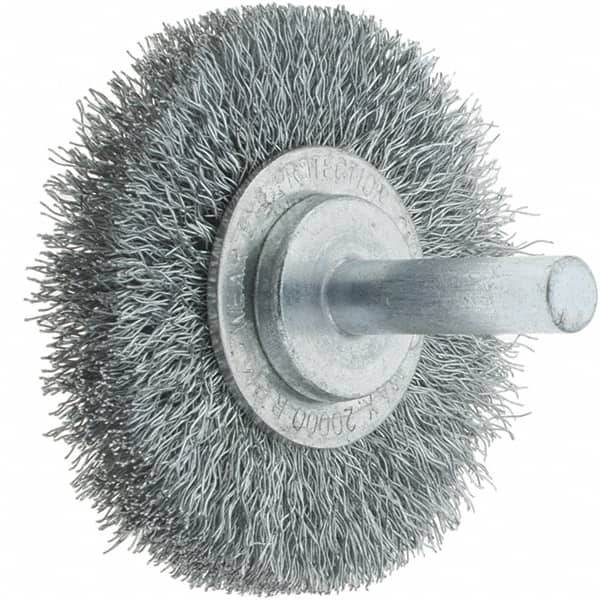 Tru-Maxx - 2" OD, 1/4" Shank Diam, Crimped Steel Wheel Brush - 3/8" Face Width, 7/16" Trim Length, 0.008" Filament Diam, 20,000 RPM - Exact Tooling
