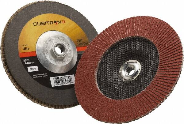 3M - 40 Grit, 7" Disc Diam, 5/8-11 Center Hole, Type 27 Ceramic Flap Disc - 8,500 Max RPM, Polyester Backing, Arbor Attaching System, Coated - Exact Tooling