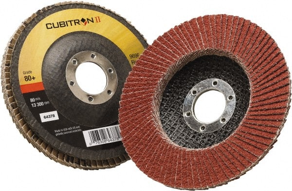 3M - 80 Grit, 4-1/2" Disc Diam, 7/8" Center Hole, Type 27 Ceramic Flap Disc - 13,300 Max RPM, Polyester Backing, Arbor Attaching System, Coated - Exact Tooling