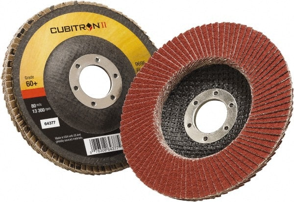 3M - 60 Grit, 4-1/2" Disc Diam, 7/8" Center Hole, Type 27 Ceramic Flap Disc - 13,300 Max RPM, Polyester Backing, Arbor Attaching System, Coated - Exact Tooling