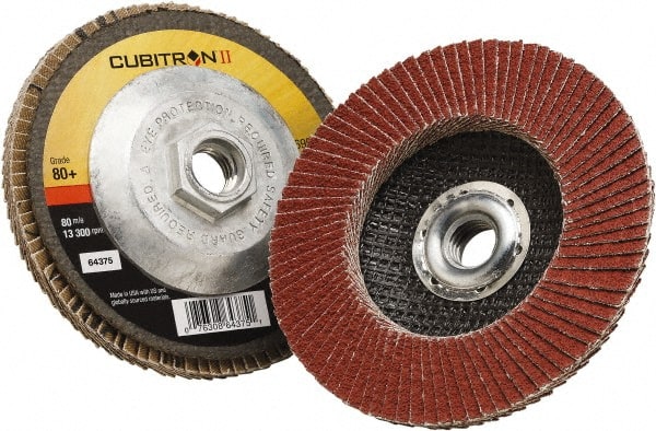 3M - 80 Grit, 4-1/2" Disc Diam, 5/8-11 Center Hole, Type 27 Ceramic Flap Disc - 13,300 Max RPM, Polyester Backing, Arbor Attaching System, Coated - Exact Tooling