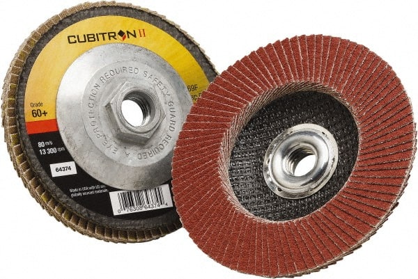 3M - 60 Grit, 4-1/2" Disc Diam, 5/8-11 Center Hole, Type 27 Ceramic Flap Disc - 13,300 Max RPM, Polyester Backing, Arbor Attaching System, Coated - Exact Tooling