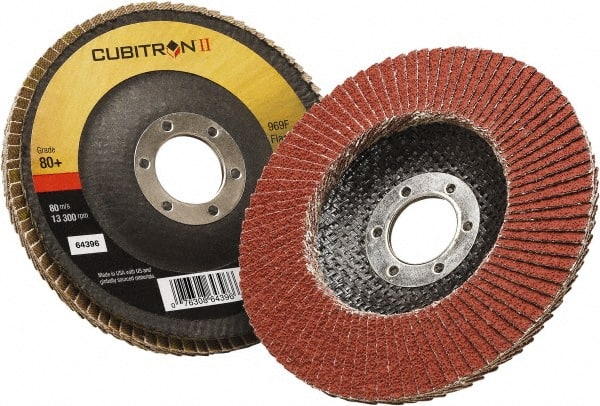 3M - 80 Grit, 5" Disc Diam, 7/8" Center Hole, Type 29 Ceramic Flap Disc - 12,100 Max RPM, Polyester Backing, Arbor Attaching System, Coated - Exact Tooling
