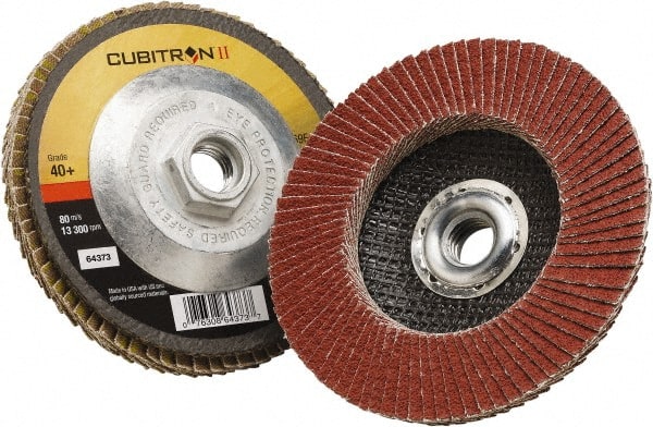 3M - 40 Grit, 4-1/2" Disc Diam, 5/8-11 Center Hole, Type 27 Ceramic Flap Disc - 13,300 Max RPM, Polyester Backing, Arbor Attaching System, Coated - Exact Tooling
