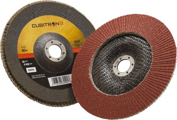 3M - 60 Grit, 7" Disc Diam, 7/8" Center Hole, Type 29 Ceramic Flap Disc - 8,500 Max RPM, Polyester Backing, Arbor Attaching System, Coated - Exact Tooling
