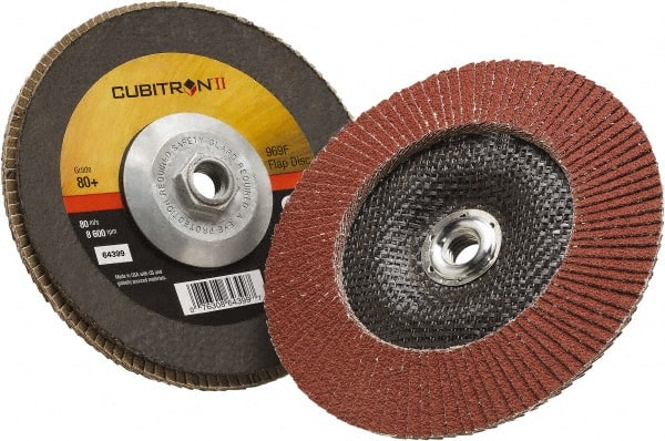 3M - 80 Grit, 7" Disc Diam, 5/8-11 Center Hole, Type 29 Ceramic Flap Disc - 8,500 Max RPM, Polyester Backing, Arbor Attaching System, Coated - Exact Tooling