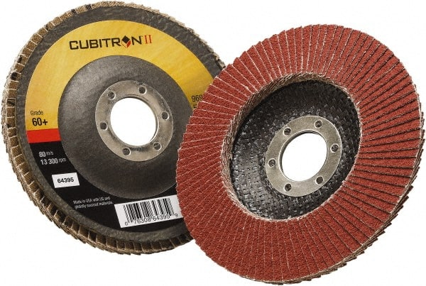 3M - 60 Grit, 5" Disc Diam, 7/8" Center Hole, Type 29 Ceramic Flap Disc - 12,100 Max RPM, Polyester Backing, Arbor Attaching System, Coated - Exact Tooling
