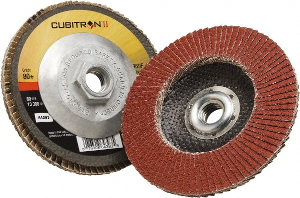 3M - 80 Grit, 4" Disc Diam, 3/8-24 Center Hole, Type 29 Ceramic Flap Disc - 15,000 Max RPM, Polyester Backing, Arbor Attaching System, Coated - Exact Tooling