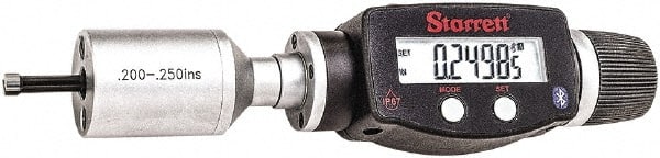 Starrett - 0.2" to 0.25", IP67, Carbide Face Electronic Inside Micrometer - 0.00005" Resolution, 0.00015" Accuracy, 3/4" Gage Depth - Exact Tooling