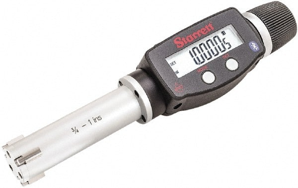 Starrett - 3/4" to 1", IP67, Carbide Face Electronic Inside Micrometer - 0.00005" Resolution, 0.00015" Accuracy, 2-5/8" Gage Depth - Exact Tooling