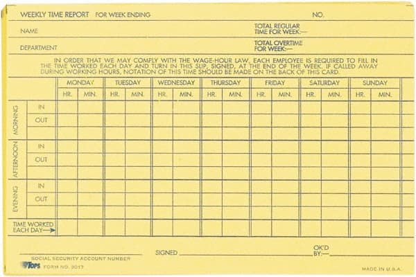TOPS - 29/32" High x 6-51/64" Wide Weekly Time Cards - Use with Manual Time Record - Exact Tooling