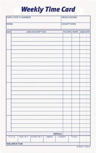 TOPS - 1" High x 4-19/64" Wide Weekly Time Cards - Use with Manual Time Record - Exact Tooling