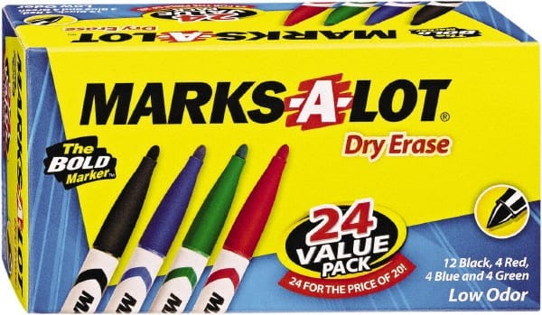 Marks-A-Lot - Assorted Colors, Pen Style, Bullet Tip, 24 Set Dry Erase Markers - For Use with Dry Erase Marker Boards - Exact Tooling