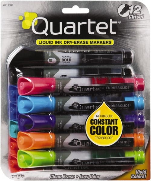 Quartet - Assorted Colors, Chisel Tip, 12 Set EnduraGlide Dry Erase Markers - For Use with Dry Erase Marker Boards - Exact Tooling