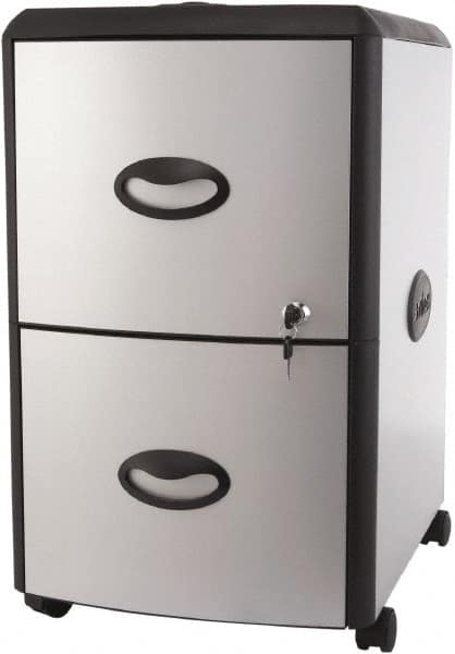 Storex - 19" Wide x 23" High x 15" Deep, 2 Drawer Mobile Pedestal - Plastic/Steel, Silver/Black - Exact Tooling