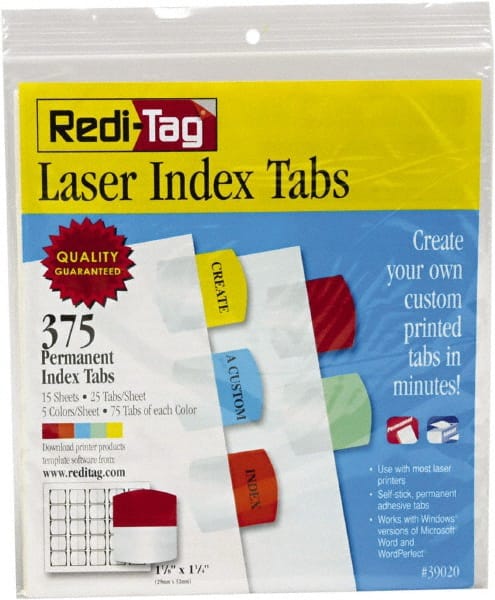 Redi-Tag - 1-1/8 x 1-1/4" 5 Tabs, Self-Adhesive, Self-Adhesive File Folder Tabs - Red, Blue, Mint, Orange, Yellow - Exact Tooling