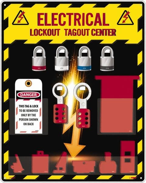 NMC - Equipped Acrylic Electrical Lockout Station - 16" Wide x 20" High x 4" Deep, Red, White, Blue, Black - Exact Tooling