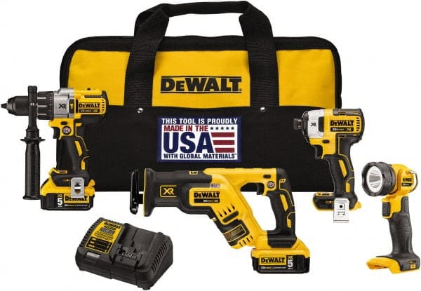 DeWALT - 20 Volt Cordless Tool Combination Kit - Includes 1/2" Brushless Hammerdrill, Brushless 1/4" Impact Driver, Brushless Reciprocating Saw & LED Worklight, Lithium-Ion Battery Included - Exact Tooling