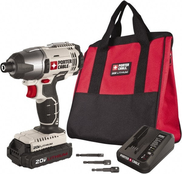 Porter-Cable - 20 Volt, 1/4" Drive, 1,450 In/Lb Torque, Cordless Impact Driver - Mid-Handle, 3000 RPM, 1 Battery Included - Exact Tooling