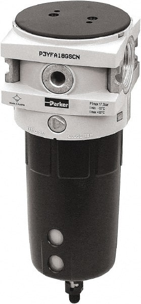 Parker - 3/4" Port, 9.6" High x 3-1/2" Wide Filter with Polypropylene Bowl, Manual Drain - 170 SCFM, 254 Max psi, 140°F Max Temp, Sight Glass Included, Modular Connection, Bowl Guard, 4.4 oz Bowl Capacity - Exact Tooling