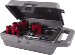 M.K. MORSE - 7 Piece, 7/8" to 1-1/2" Saw Diam, Mechanic's Hole Saw Kit - Bi-Metal, Toothed Edge, Pilot Drill Model No. MAPD301, Includes 2 Hole Saws - Exact Tooling