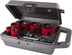 M.K. MORSE - 8 Piece, 7/8" to 2-1/2" Saw Diam, Electrician's Hole Saw Kit - Bi-Metal, Toothed Edge, Pilot Drill Model No. MAPD301, Includes 3 Hole Saws - Exact Tooling