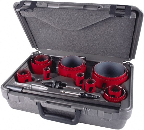 M.K. MORSE - 19 Piece, 3/4" to 4-1/2" Saw Diam, Industrial Hole Saw Kit - Bi-Metal, Toothed Edge, Pilot Drill Model No. MAPD301, Includes 5 Hole Saws - Exact Tooling