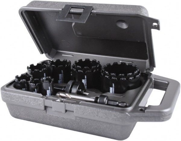 M.K. MORSE - 11 Piece, 3/4" to 2-1/2" Saw Diam, Hole Saw Kit - Carbide Grit, Gulleted Edge, Pilot Drill Model No. MAPD301, Includes 3 Hole Saws - Exact Tooling