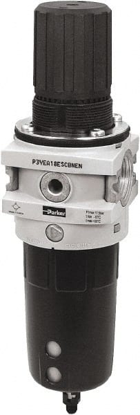 Parker - 3/4" NPT Port Heavy-Duty 1 Piece Filter/Regulator FRL Unit - Polypropylene Bowl, 335 SCFM, 254 Max psi, 13-1/2" High, Automatic Drain - Exact Tooling
