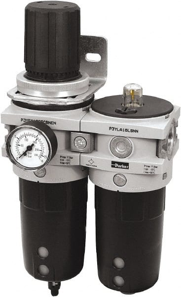 Parker - 1" NPT Port Heavy-Duty 2 Piece Filter/Regulator-Lubricator FRL Unit - Polypropylene Bowl, 340 SCFM, 254 Max psi, 13-1/2" High, Automatic Drain - Exact Tooling