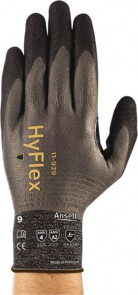 Ansell - Size XL (10), ANSI Cut Lvl A2, Abrasion Lvl 4, Nitrile/Polyurethane Coated HPPE Fiber Cut Resistant Gloves - 9.9606" Long, Fully Coated Coated, Spandex & Dyneema/Nylon Lining, Knit Wrist, Gray/Black, Paired - Exact Tooling