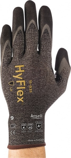 Ansell - Size M (8), ANSI Cut Lvl A2, Abrasion Lvl 4, Nitrile/Polyurethane Coated HPPE Fiber Cut Resistant Gloves - 9.4488" Long, Palm & Fingers Coated, Spandex & Dyneema/Nylon Lining, Knit Wrist, Gray/Black, Paired - Exact Tooling