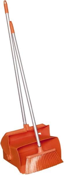 Remco - 14" Wide x 7-1/8" Deep x 47-1/2" High Upright Dustpan with Broom - Plastic Body, 37" Aluminum Handle, Orange - Exact Tooling