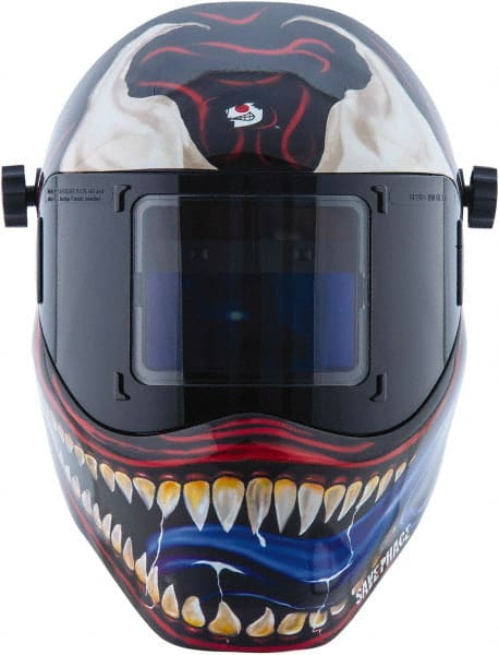 Save Phace - 3.82" Window Width x 1.85" Window Height, 4, 9 to 13 Shade Auto-Darkening Lens, Fixed Front Welding Helmet - Red/White/Blue/Silver, Nylon Green Lens - Exact Tooling
