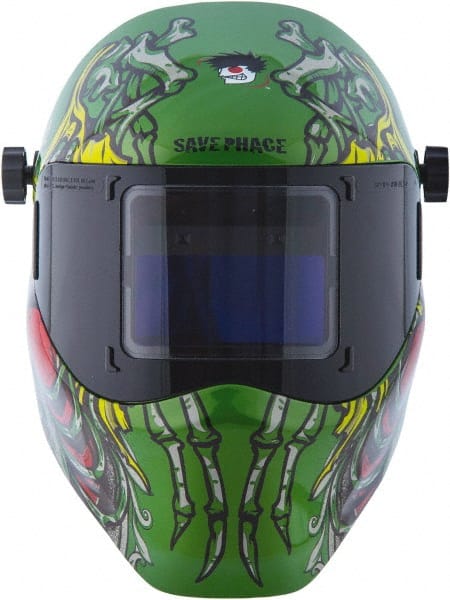 Save Phace - 3.82" Window Width x 1.85" Window Height, 4, 9 to 13 Shade Auto-Darkening Lens, Fixed Front Welding Helmet - Green/Blue/Yellow/Red, Nylon Green Lens - Exact Tooling
