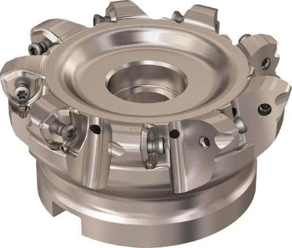 Seco - 9 Inserts, 85.6mm Cutter Diam, 1.8mm Max Depth of Cut, Indexable High-Feed Face Mill - 32mm Arbor Hole Diam, 14.4mm Keyway Width, 50mm High, R220.21 Toolholder, 218.21-230 Inserts, Series High Feed 6 - Exact Tooling