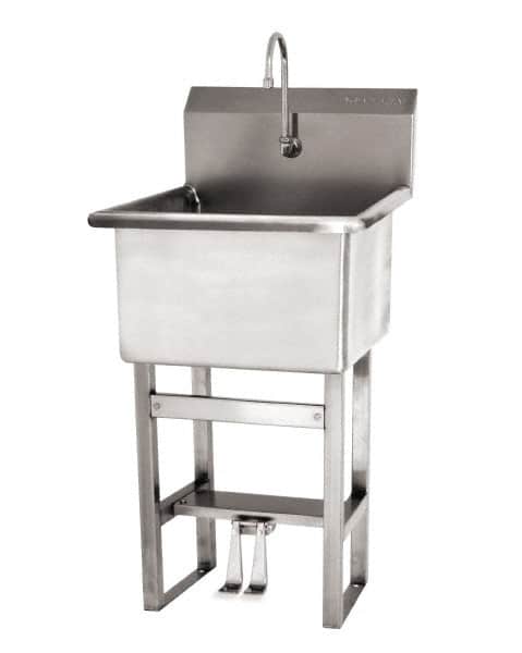 SANI-LAV - 24" Long x 24" Wide Inside, 1 Compartment, Grade 304 Stainless Steel Utility Sink Manual Faucet - 14 Gauge, 27" Long x 27-1/2" Wide x 48" High Outside, 12" Deep - Exact Tooling